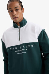 Boxy Fit Stand Collar Half Zipper Printed Sports Sweatshirt