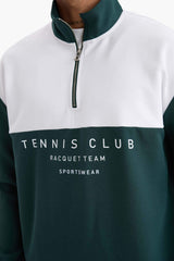 Boxy Fit Stand Collar Half Zipper Printed Sports Sweatshirt