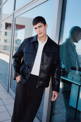 Water Repellent Slim Fit Slim Cut Polo Collar Zippered Windproof Faux Leather Seasonal Coat with Inner Pocket