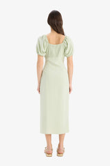 A-Line V-Neck Linen Blend Short Sleeve Midi Dress