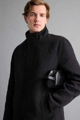 Regular Fit Stand Collar Pocketed Zip-Up Lined Cashmere Parka
