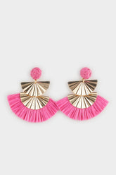 Women Pink Straw Detailed Gold Earrings