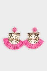 Women Pink Straw Detailed Gold Earrings
