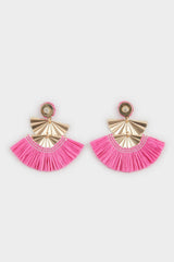 Women Pink Straw Detailed Gold Earrings