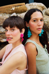 Women Green Straw Detailed Dangle Earrings