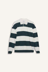 Boxy Fit Relaxed Cut Polo Collar Button-Down Striped Sweatshirt
