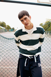 Boxy Fit Relaxed Cut Polo Collar Button-Down Striped Sweatshirt