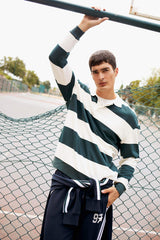 Boxy Fit Relaxed Cut Polo Collar Button-Down Striped Sweatshirt