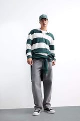 Boxy Fit Relaxed Cut Polo Collar Button-Down Striped Sweatshirt