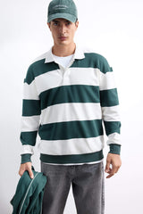 Boxy Fit Relaxed Cut Polo Collar Button-Down Striped Sweatshirt