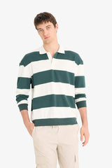 Boxy Fit Relaxed Cut Polo Collar Button-Down Striped Sweatshirt