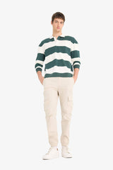 Boxy Fit Relaxed Cut Polo Collar Button-Down Striped Sweatshirt