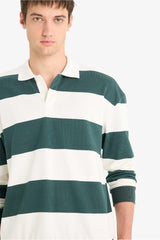 Boxy Fit Relaxed Cut Polo Collar Button-Down Striped Sweatshirt