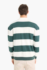 Boxy Fit Relaxed Cut Polo Collar Button-Down Striped Sweatshirt
