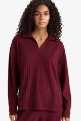 Relax Fit Polo Neck Ribbed Camisole Long Sleeve T-Shirt