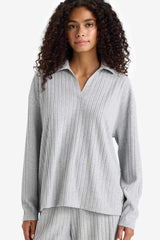 Relax Fit Polo Neck Ribbed Camisole Long Sleeve T-Shirt