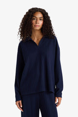 Relax Fit Polo Neck Ribbed Camisole Long Sleeve T-Shirt