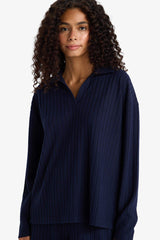 Relax Fit Polo Neck Ribbed Camisole Long Sleeve T-Shirt