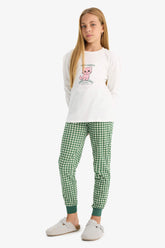 Girls Pajama Set Printed Long Sleeve Top and Plaid Long Bottom