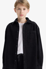 Boys' Oversize Loose Fit Polo Collar Velvet Long-Sleeve Shirt