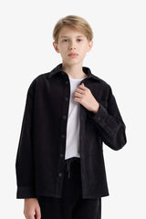 Boys' Oversize Loose Fit Polo Collar Velvet Long-Sleeve Shirt