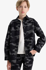 Boys Oversize Wide-Cut Polo Collar Camouflage Patterned Gabardine Long Sleeve Shirt