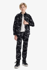 Boys Oversize Wide-Cut Polo Collar Camouflage Patterned Gabardine Long Sleeve Shirt