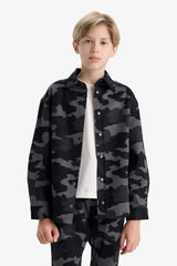 Boys Oversize Wide-Cut Polo Collar Camouflage Patterned Gabardine Long Sleeve Shirt