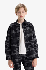 Boys Oversize Wide-Cut Polo Collar Camouflage Patterned Gabardine Long Sleeve Shirt