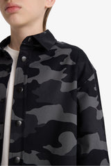 Boys Oversize Wide-Cut Polo Collar Camouflage Patterned Gabardine Long Sleeve Shirt