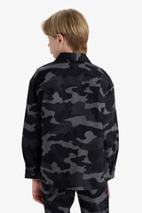 Boys Oversize Wide-Cut Polo Collar Camouflage Patterned Gabardine Long Sleeve Shirt