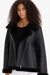 Regular Fit Faux Leather Jacket with Faux Fur Lining and Zipper Closure