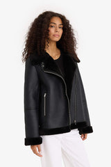 Regular Fit Faux Leather Jacket with Faux Fur Lining and Zipper Closure