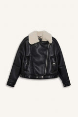 Oversize, loose-fitting faux leather jacket with faux fur lining and zipper closure.