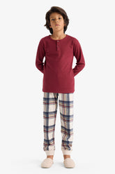 Boys Pajama Set Waffle Long Sleeve Top and Plaid Long Bottom