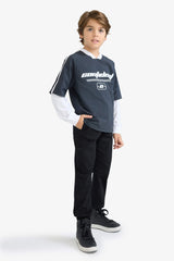 Boys Oversize Wide Mold V-Neck Printed Parachute Long Sleeve T-Shirt