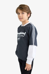 Boys Oversize Wide Mold V-Neck Printed Parachute Long Sleeve T-Shirt