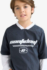 Boys Oversize Wide Mold V-Neck Printed Parachute Long Sleeve T-Shirt