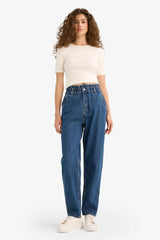 Paperbag High Waist Straight Leg Long Jeans