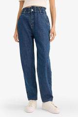 Paperbag High Waist Straight Leg Long Jeans