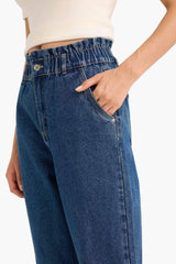 Paperbag High Waist Straight Leg Long Jeans