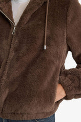 Regular Fit Fleece Lined Hooded Zip-Up Faux Fur Sweatshirt