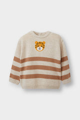 Baby Boy Crew Neck Tiger Printed Striped Knit Sweater