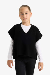 Girl's Oversize Wide Pattern V-Neck Knitted Sweater