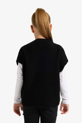 Girl's Oversize Wide Pattern V-Neck Knitted Sweater
