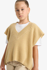 Girl's Oversize Wide Pattern V-Neck Knitted Sweater