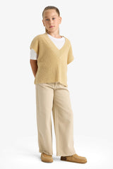 Girl's Oversize Wide Pattern V-Neck Knitted Sweater