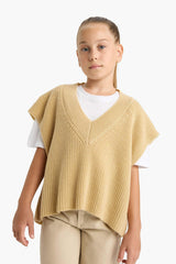 Girl's Oversize Wide Pattern V-Neck Knitted Sweater