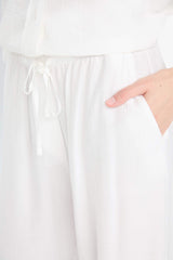 Wide Leg Double Pocket High Waist White Trousers