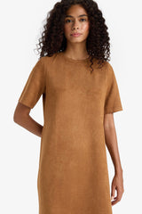 A Line Crew Neck Suede Dress